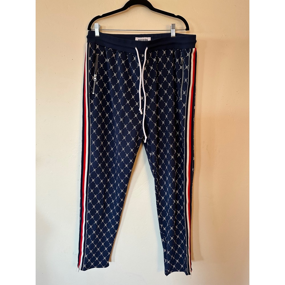 Reason Mens XXL Navy Monogram Print Joggers Red White Side Stripe Track Pants